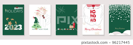 Merry Christmas and Happy New Year 2023 brochure covers set. Xmas minimal banner design with festive tree, balls, fireworks, Santa Claus beard. Vector illustration for flyer, poster or greeting card. 96217445
