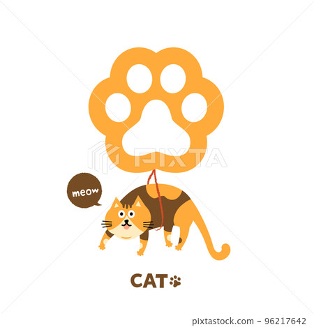 Cat Vector illustration of pet orange cat tied with cat paw balloons on white background. 96217642