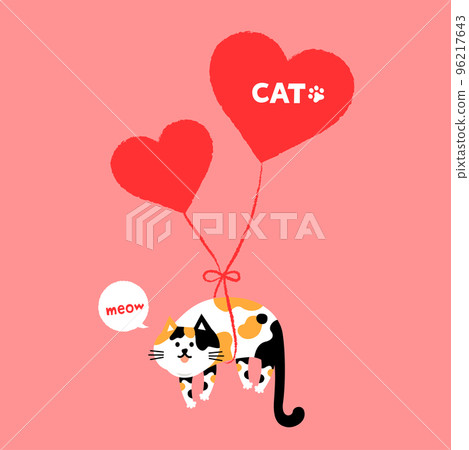 Cat Vector illustration of pet orange cat tied with heart balloons on pink background. 96217643