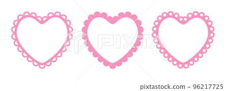 Scalloped edge heart shapes set. Simple heart scalloped border. Fabric laces silhouette frame. Repeat cute vintage frill ornament. Texture ribbons. Vector illustration isolated on white background 96217725