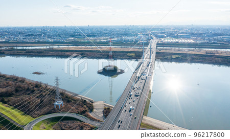 Aerial view "Saitama Prefecture" Toda City Saiko Ohashi bridge over Lake Saiko Aerial view "Saitama Prefecture" Toda City Saiko Ohashi bridge over Lake Saiko 96217800
