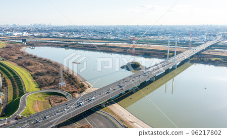 Aerial view "Saitama Prefecture" Toda City Saiko Ohashi bridge over Lake Saiko 96217802