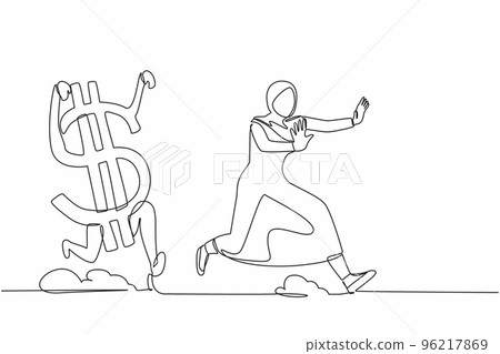 Single one line drawing fright Arab businesswoman being chased by dollar symbol. Female manager afraid with economic or financial crisis. Modern continuous line draw design graphic vector illustration 96217869