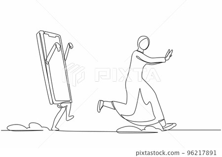 Single one line drawing fright Arabian businesswoman being chased by smartphone. Female employee afraid to talk with boss. Minimal metaphor concept. Continuous line design graphic vector illustration 96217891