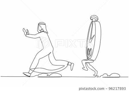 Continuous one line drawing unhappy Arab businessman being chased by stopwatch. Employee difficult to measurement effective time planning concept. Single line draw design vector graphic illustration Continuous one line drawing unhappy Arab businessman being chased by stopwatch. Employee difficult to measurement effective time planning concept. Single line draw design vector graphic illustration 96217893