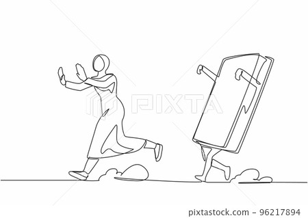 Single continuous line drawing fright Arab businesswoman being chased by book. Smart employee hurry in higher education to pursue career growth at office. One line graphic design vector illustration Single continuous line drawing fright Arab businesswoman being chased by book. Smart employee hurry in higher education to pursue career growth at office. One line graphic design vector illustration 96217894