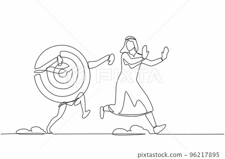 Single continuous line drawing unhappy Arab businessman being chased by archery bullseye target. Losing accuracy of business goal. Minimalism metaphor. One line draw graphic design vector illustration 96217895