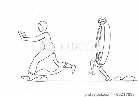 Continuous one line drawing fright Arab business woman being chased by stopwatch. Female manager afraid in project measurement. Minimalist metaphor. Single line draw design vector graphic illustration 96217896