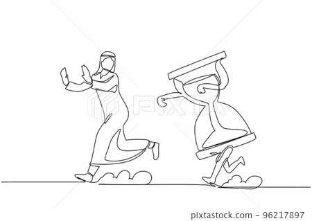 Single continuous line drawing unhappy Arab businessman being chased by hourglass. Manager feeling stress with project deadlines. Minimalism metaphor. One line draw graphic design vector illustration 96217897