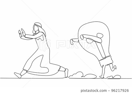 Single continuous line drawing unhappy Arab businessman being chased by light bulb. Losing new business idea, inspiration, innovation. Minimalism metaphor. One line graphic design vector illustration 96217926