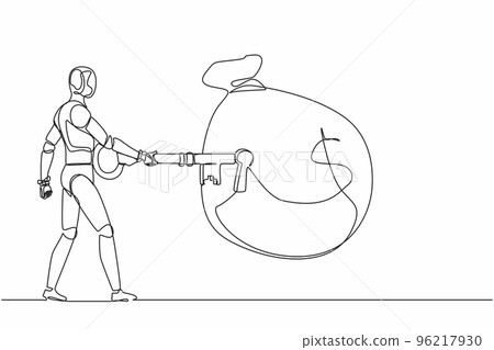 Continuous one line drawing robot put big key into money bag. Financial key success, safe haven for investment. Humanoid robot cybernetic organism. Single line draw design vector graphic illustration 96217930