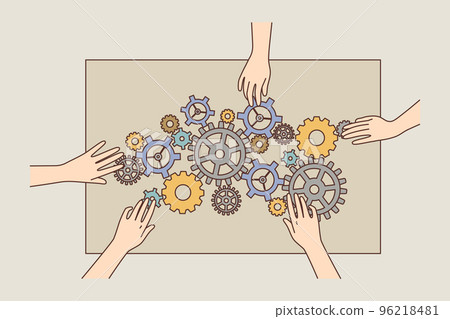 Employees hands connect cogwheels Employees hands connect cogwheels 96218481