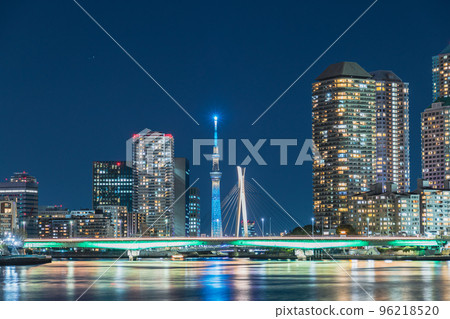 "Tokyo" Sky Tree and tower apartment / night view of Sumida River "Tokyo" Sky Tree and tower apartment / night view of Sumida River 96218520