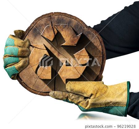 Sustainable Resources Concept - Gloved Hands Holding a Wooden Recycle Symbol 96219028