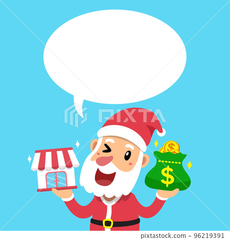 Cartoon santa claus carrying franchise business store and money bag with speech bubble 96219391