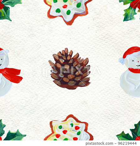 Watercolor Christmas seamless pattern. Hand painted holiday objects Watercolor Christmas seamless pattern. Hand painted holiday objects 96219444