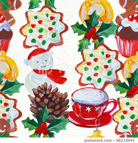 Watercolor Christmas seamless pattern. Hand painted holiday objects 96219445