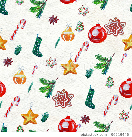 Watercolor Christmas seamless pattern. Hand painted holiday objects Watercolor Christmas seamless pattern. Hand painted holiday objects 96219446