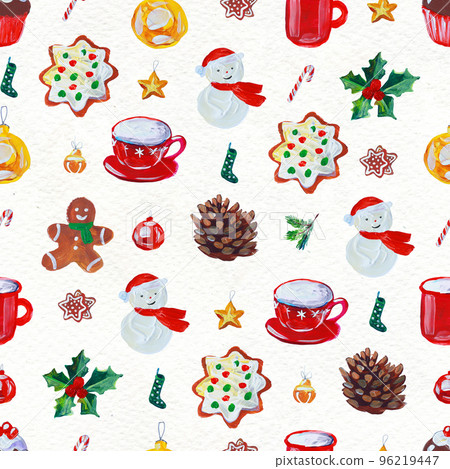 Watercolor Christmas seamless pattern. Hand painted holiday objects Watercolor Christmas seamless pattern. Hand painted holiday objects 96219447