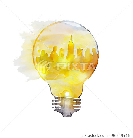 watercolor illustration of light bulb and city image watercolor illustration of light bulb and city image 96219546