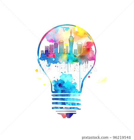 watercolor illustration of light bulb and city image watercolor illustration of light bulb and city image 96219548