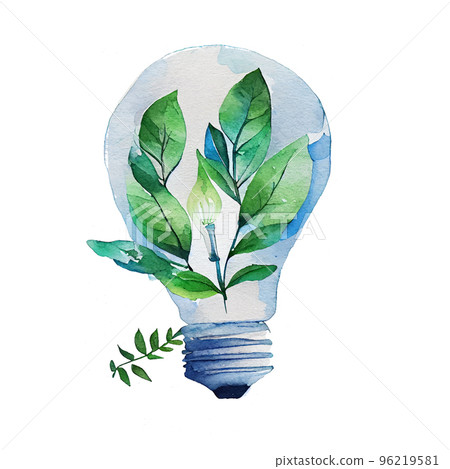 Watercolor illustration of eco image of light bulb and leaves 96219581