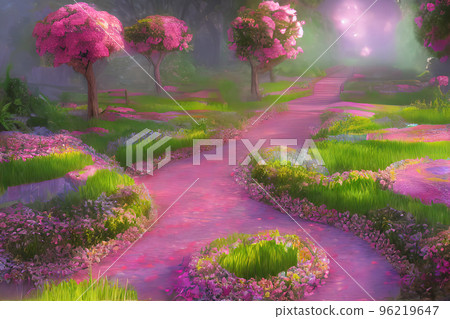 Enchanted garden. A magical garden with a path, flowers, trees , Fantasy world. Idyllic tranquil morning 96219647