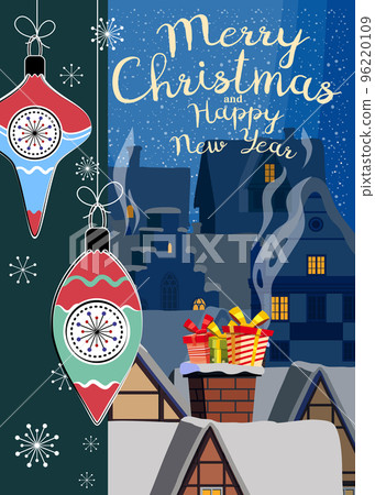 Retro Merry Christmas greeting card, background. Christmas balls, winter town Retro Merry Christmas greeting card, background. Christmas balls, winter town 96220109
