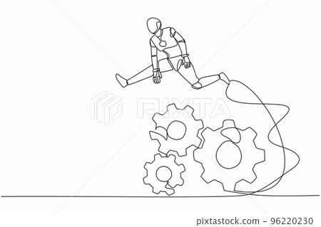 Single continuous line drawing robot jumping over big gears. Developing business innovation. Operation management system. Robotic artificial intelligence. One line graphic design vector illustration 96220230
