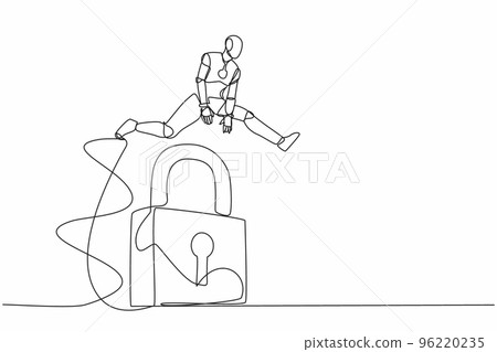 Single continuous line drawing robot jumping big padlock. Business protection security. Success business key accessibility. Robotic artificial intelligence. One line draw design vector illustration Single continuous line drawing robot jumping big padlock. Business protection security. Success business key accessibility. Robotic artificial intelligence. One line draw design vector illustration 96220235