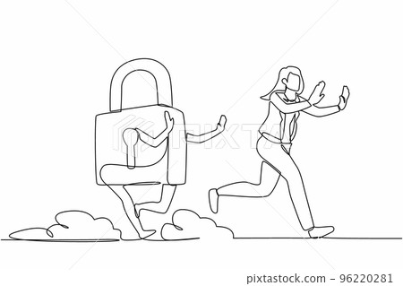 Single one line drawing scared businesswoman being chased by padlock. Female employee hurry in business protection security. Minimal metaphor. Continuous line draw design graphic vector illustration 96220281