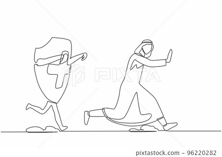 Single one line drawing unhappy Arab businessman being chased by shield. Difficult financial insurance. Expensive healthcare budget. Minimal metaphor. Continuous line draw design vector illustration 96220282