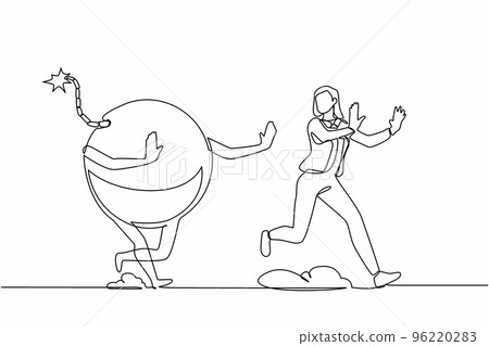 Continuous one line drawing scared businesswoman being chased by bomb. Female worker avoid financial problems, taxation burden. Minimalist metaphor. Single line draw design vector graphic illustration 96220283