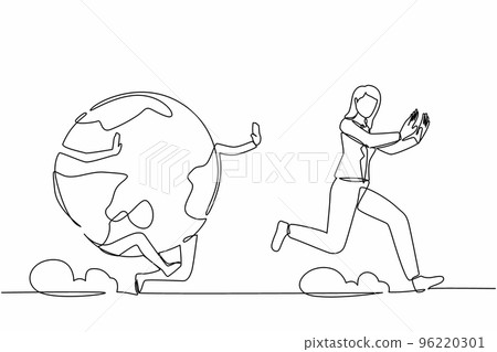 Single one line drawing scared businesswoman being chased by globe. Female worker chased by international project agenda, cooperation, teamwork. Continuous line draw design graphic vector illustration Single one line drawing scared businesswoman being chased by globe. Female worker chased by international project agenda, cooperation, teamwork. Continuous line draw design graphic vector illustration 96220301