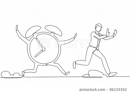 Single one line drawing stressed businessman being chased by clock. Running out of time. Deadline project. Minimal metaphor concept. Modern continuous line draw design graphic vector illustration Single one line drawing stressed businessman being chased by clock. Running out of time. Deadline project. Minimal metaphor concept. Modern continuous line draw design graphic vector illustration 96220302