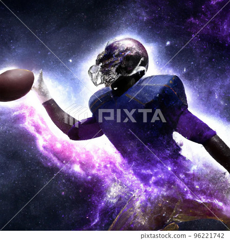 american football player holding the ball in a warp galaxy illustration 96221742