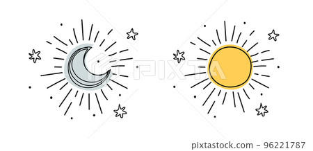 Weather icon set, shining crescent moon and sun with rays line drawing, simple boho tattoo with stars. Vector illustration isolated on white background. Weather icon set, shining crescent moon and sun with rays line drawing, simple boho tattoo with stars. Vector illustration isolated on white background. 96221787