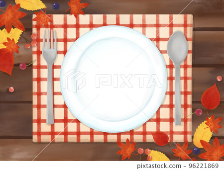 Colored pencil, watercolor, hand-drawn style, tableware and natural wood table autumn dining table illustration Colored pencil, watercolor, hand-drawn style, tableware and natural wood table autumn dining table illustration 96221869