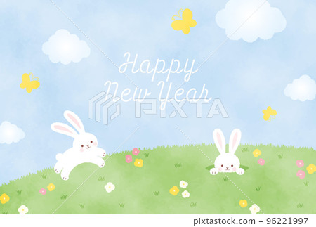 Background illustration for New Year's cards or Easter of watercolor-style rabbits and flower gardens 96221997