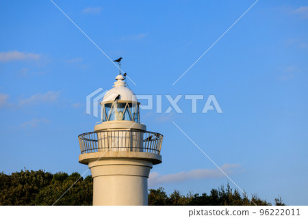 A black bird perching on top of a white lighthouse in the morning sun 96222011
