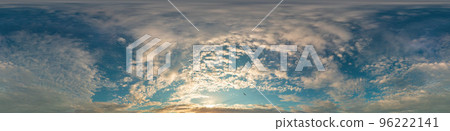 Dark blue sunset sky panorama with golden Cumulus clouds. Seamless hdr 360 panorama in spherical equirectangular format. Full zenith for 3D visualization, sky replacement for aerial drone panoramas. 96222141