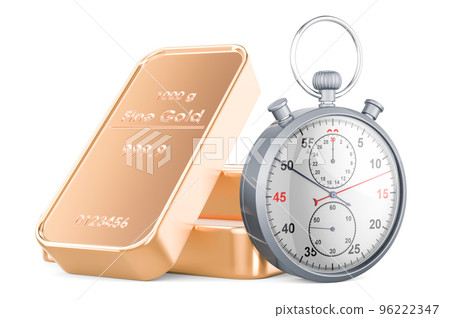 Gold ingots with stopwatch, 3D rendering 96222347