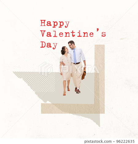 Contemporary art collage. Creative design in retro style. Lovely couple walking on a date together to celebrate Valentine's Day Contemporary art collage. Creative design in retro style. Lovely couple walking on a date together to celebrate Valentine's Day 96222635
