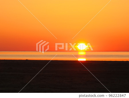 Sunrise Panorama view to Aral sea from the rim of Plateau Ustyurt near Aktumsuk cape in Karakalpakstan, Uzbekistan 96222847
