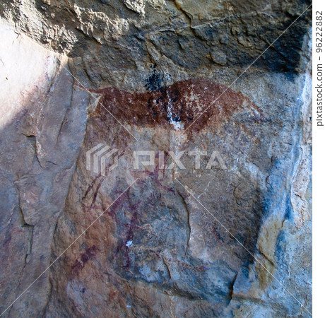 sandstone with bushmen aka San people rock paintings at Makhaleng Valley near Malealea , Mafeteng , Lesotho sandstone with bushmen aka San people rock paintings at Makhaleng Valley near Malealea , Mafeteng , Lesotho 96222882
