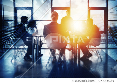 Business background concept with people silhouette working in the office. Double exposure effects 96223085