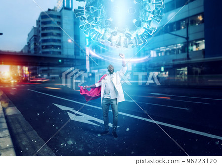 Medic acts like a superhero to fight pandemic of covid19 coronaviruses in the city Medic acts like a superhero to fight pandemic of covid19 coronaviruses in the city 96223120