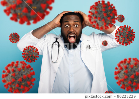 Doctor is afraid due to codiv19 virus attack. Cyan background 96223229