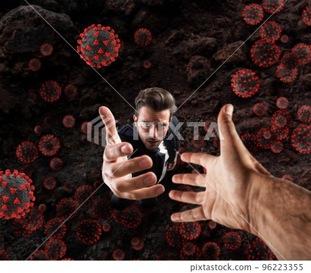Hopeless businessman needs help because he is surrounded by viruses and bacteria. Concept of pandemic Hopeless businessman needs help because he is surrounded by viruses and bacteria. Concept of pandemic 96223355