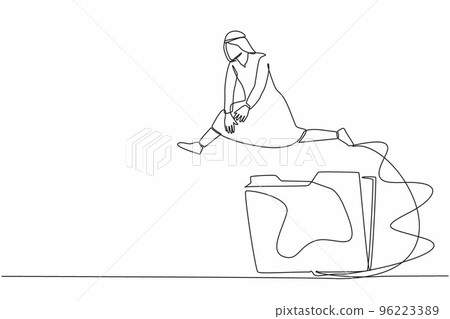 Single one line drawing Arab businessman jumping over big folder icon. File folders management. Office paper document collecting. Analysing creative process. Continuous line design vector illustration 96223389